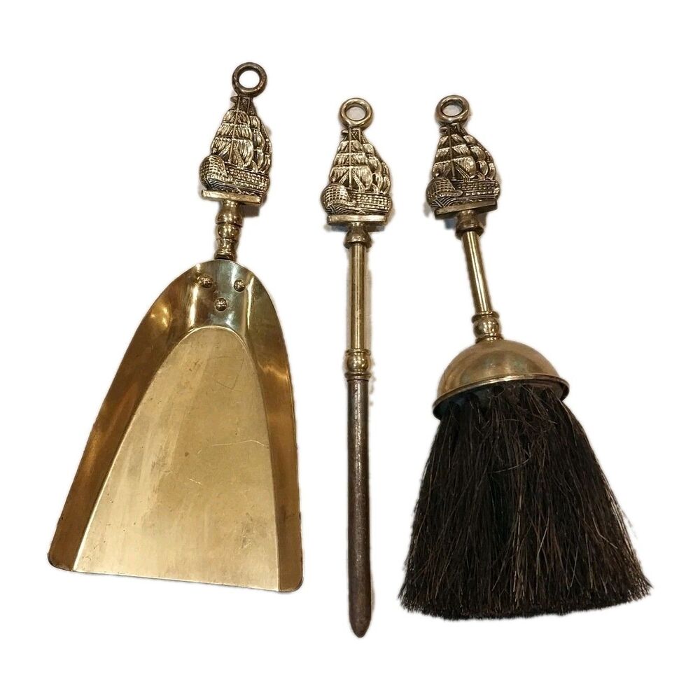 Antique Peerage England  brass fireplace 3 tools Nautical Ship Poker Shovel Brus